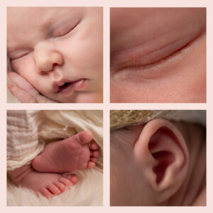 Newborns-Fotos von Babygesicht, Babyaugen, Babyfüsschen und Babyohren
